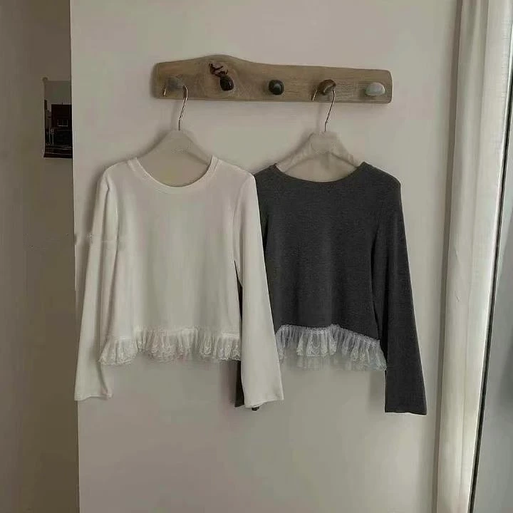 韩系下摆蕾丝德绒长袖打底T  N26