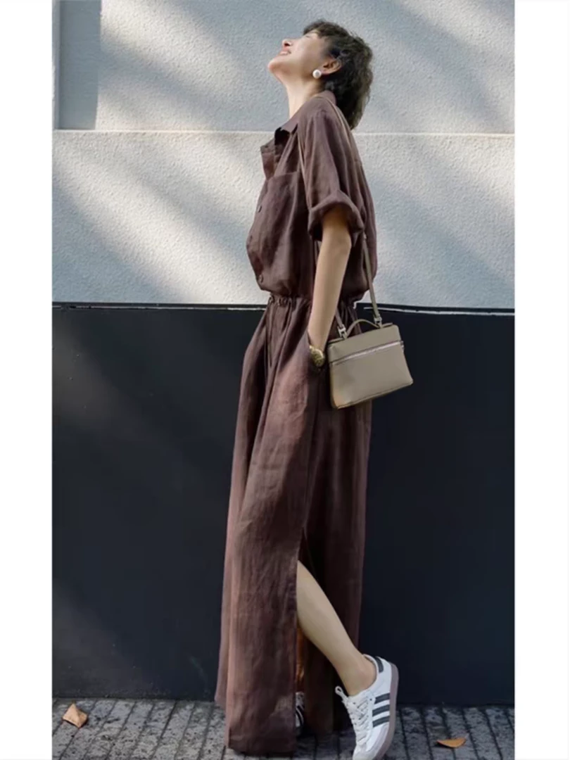 棉麻抽绳长款开叉休闲套头宽松大码连衣裙