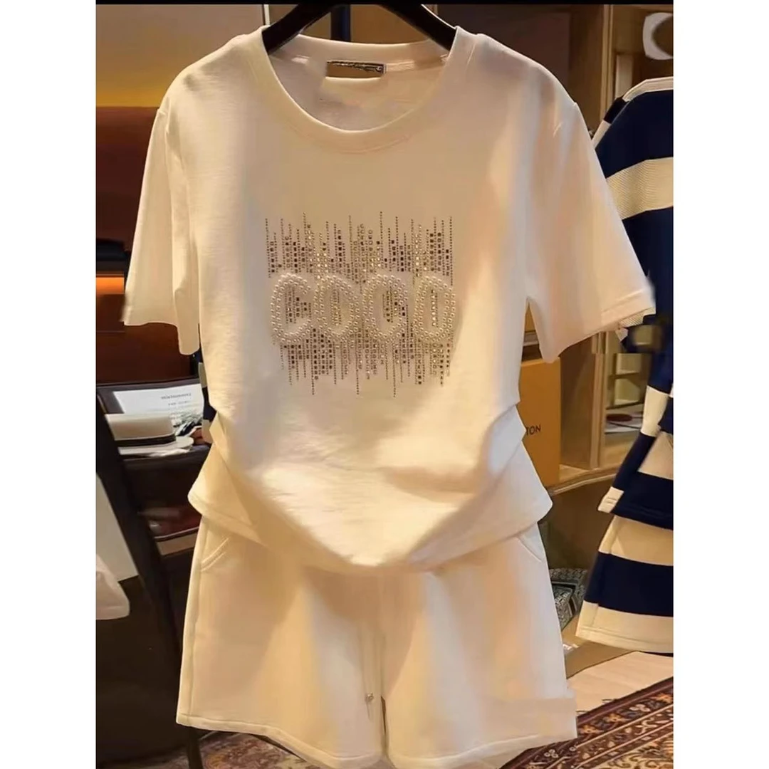 【现】线下399～两件套夏季简约短袖套装烫钻女装松紧短裤套装#2259