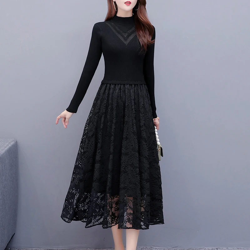 打底连衣裙女早秋配大衣2024新款黑色假两件蕾丝内搭针织长毛衣裙