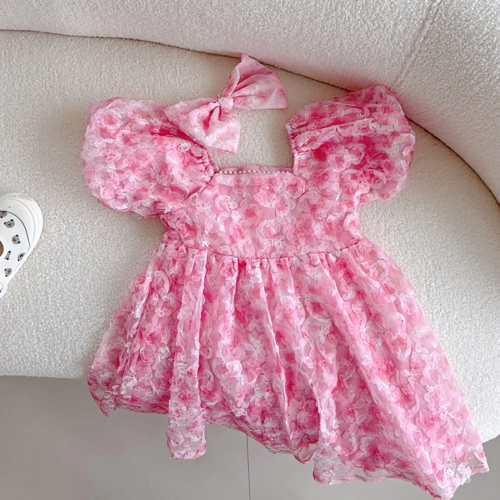 【夏日茶话会】连衣裙女童立体花朵泡泡袖蓬蓬纱裙公主裙甜美礼服