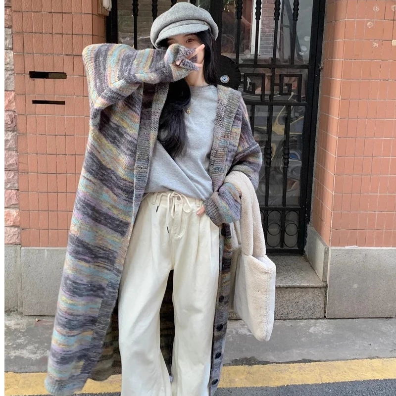 2024秋冬新款复古宽松撞色连帽中长款毛衣外套大码小众气质感上衣