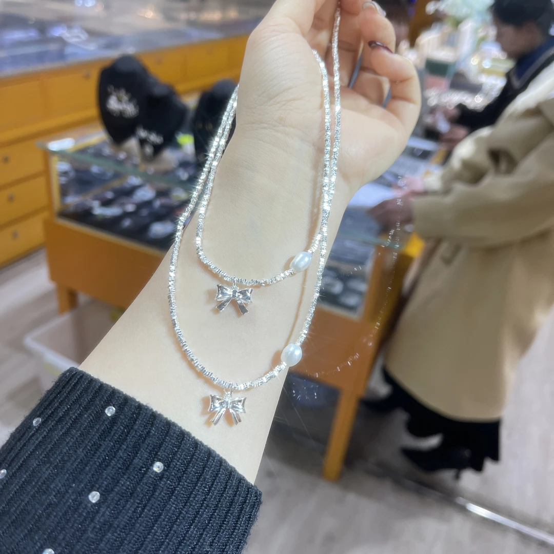 坠链均925银 碎银蝴蝶结项链手工串链