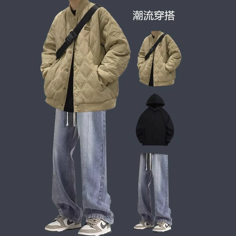 菱形格棉衣男套装秋冬立领棉服痞帅一套牛仔裤搭配学生保暖三件套