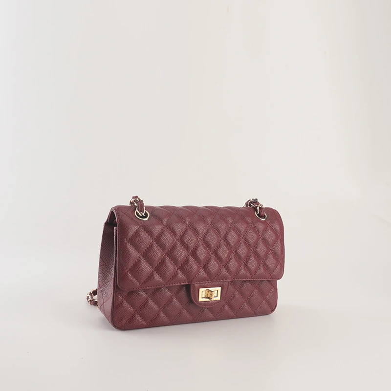 菱格链条包1112牛皮真皮女包电镀五金斜挎单肩包女酒红色