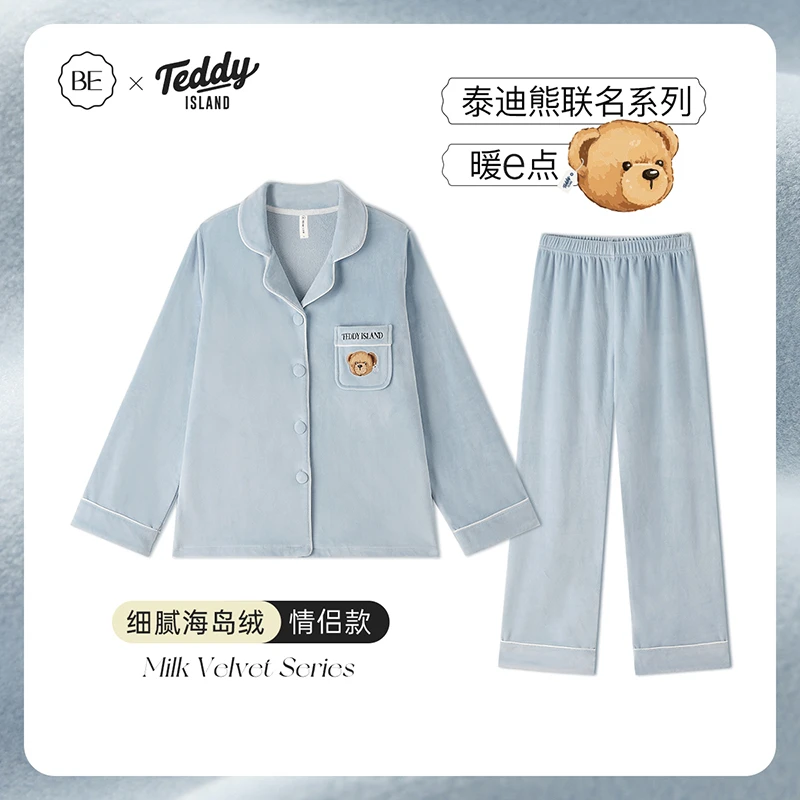 BE泰迪熊联名睡衣女秋冬海岛绒情侣法兰绒秋季加绒家居服男士冬季