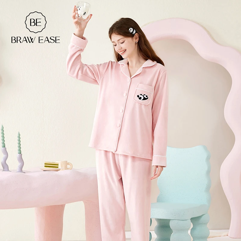 BE海岛绒睡衣女春秋熊猫秋冬季法兰绒家居服套装秋季情侣男士冬天