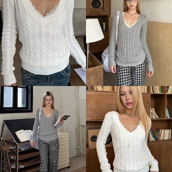 Audwyn大V领麻花毛衣长袖女秋冬新款套头修身内搭打底针织上衣