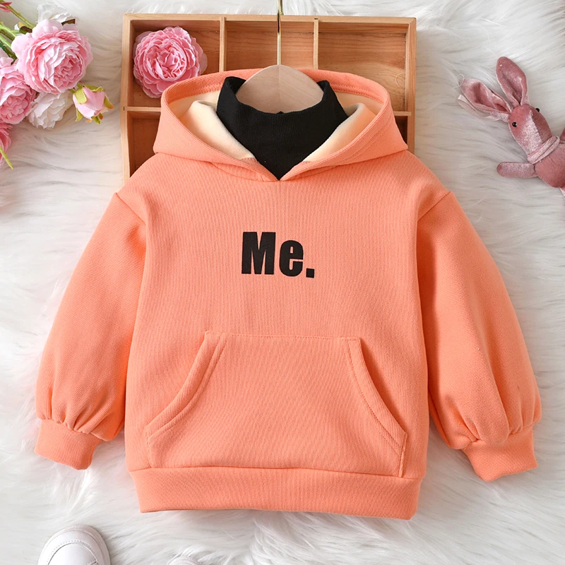 长袖加绒秋冬女孩百搭连帽上衣加厚2024新款春装高领儿童卫衣保暖