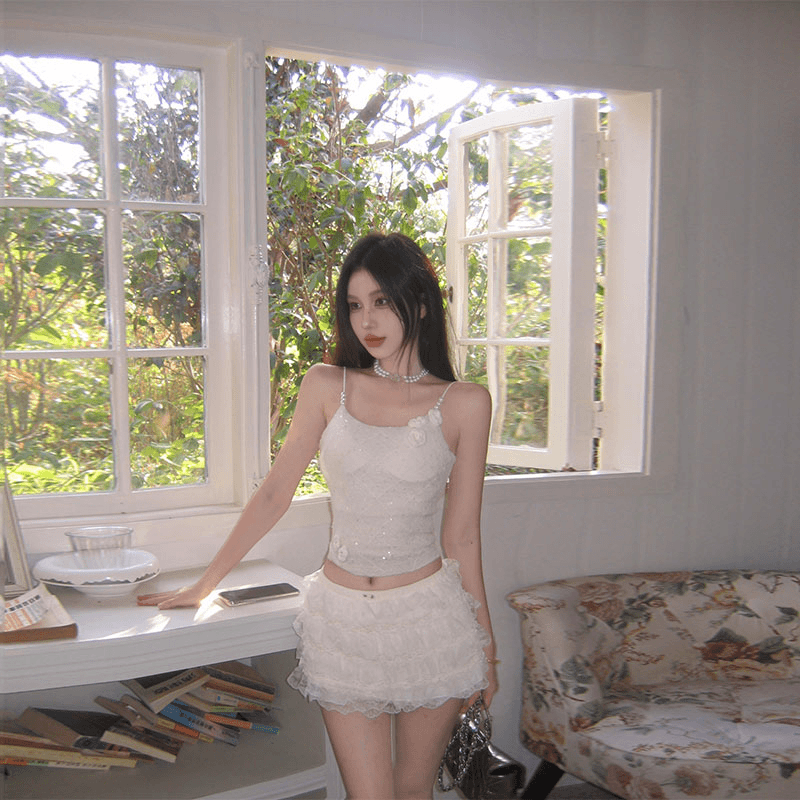 伊甸园玫瑰 重工蕾丝细闪亮片吊带小背心抹胸百搭修身蛋糕半身裙
