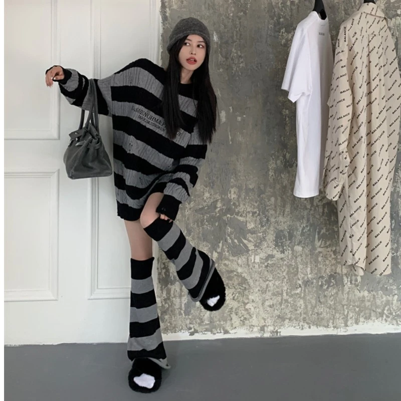 现货慵懒风新款圆领条纹秋季宽松中长款毛衣女腿套辣妹百搭套装女