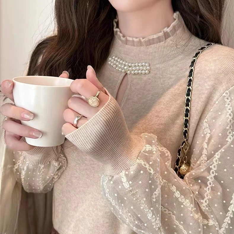 【狐狸小姐】2024春季蕾丝半高领毛衣打底衫洋气时尚气质套头