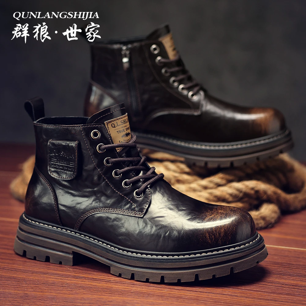 群狼·世家休闲马丁靴男秋季时尚百搭工装靴复古擦色重工真皮男鞋