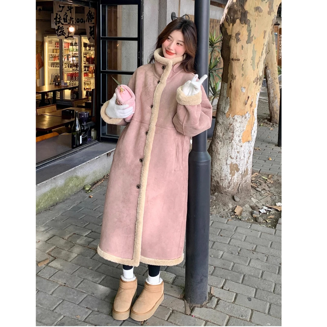 粉色气质长款皮毛一体大衣女2024秋冬新款韩版立领加厚羊羔毛外套