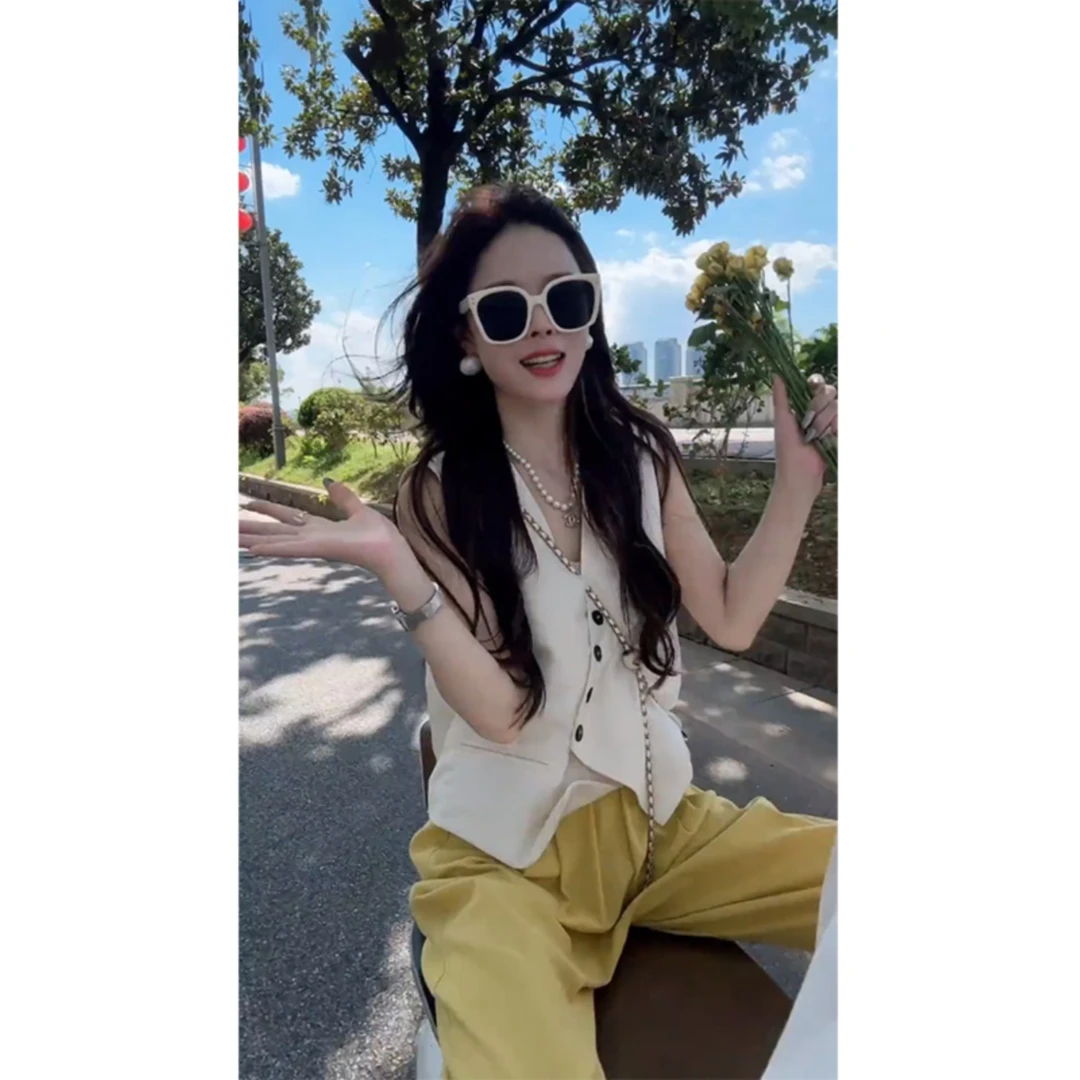 极简风V领无袖不对称马甲女夏季新款时尚气质宽松休闲裤两件套潮