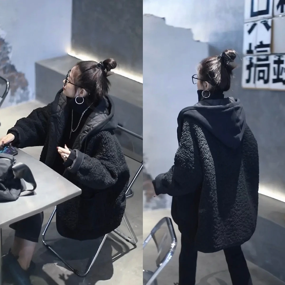 夹棉加厚冬季毛毛外套女2023新款韩版宽松羊羔毛夹克棉服连帽上衣