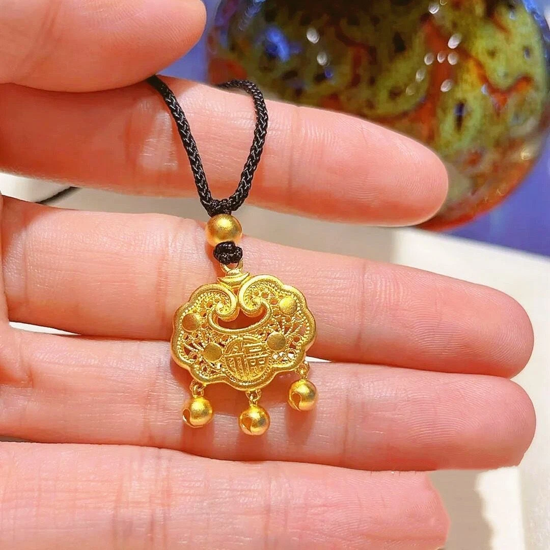 锌合金项链 如意福字锁吊坠女宝宝平安长命锁铃铛锁久不掉色