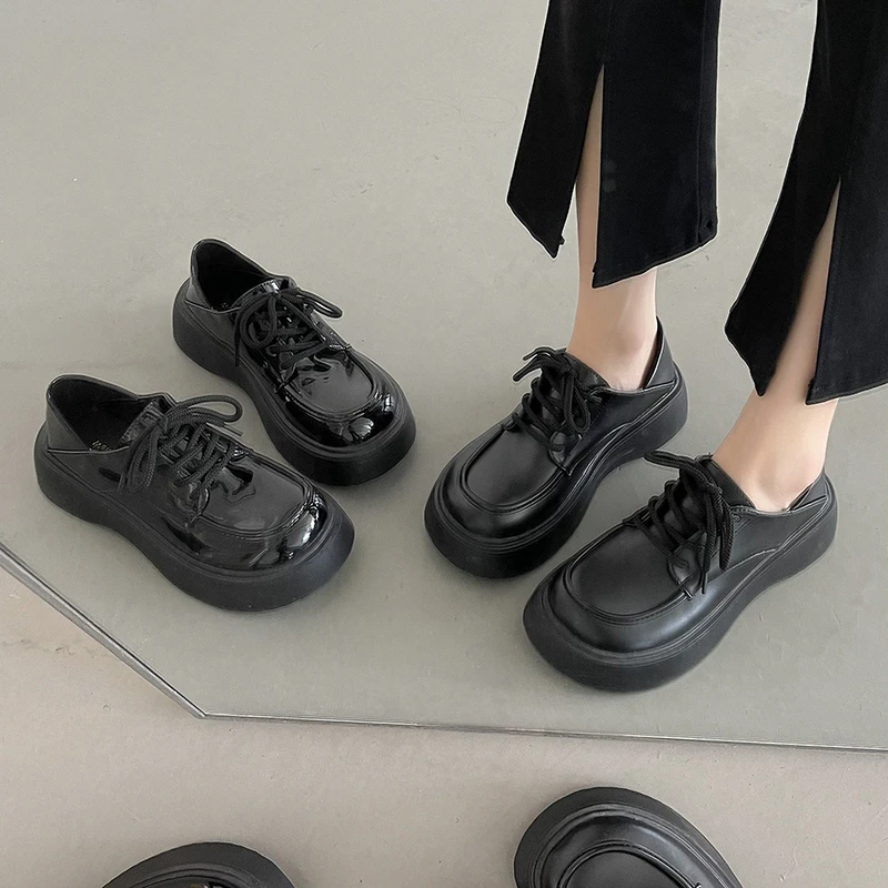 英伦风厚底小皮鞋女款2025年春秋新款圆头乐福鞋系带黑色百搭时尚