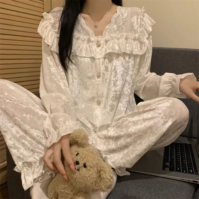 韩版高级感金丝绒睡衣ins风睡衣女秋冬季钻石绒网红两件套家居服