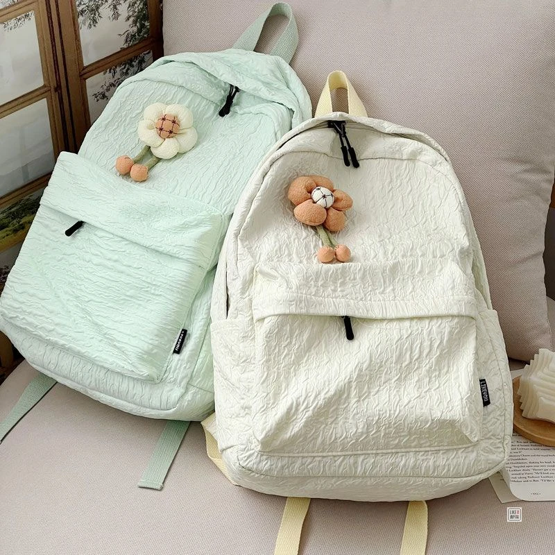 原创设计日韩ins可爱少女褶皱简约清新双肩背包初高中大学生书包