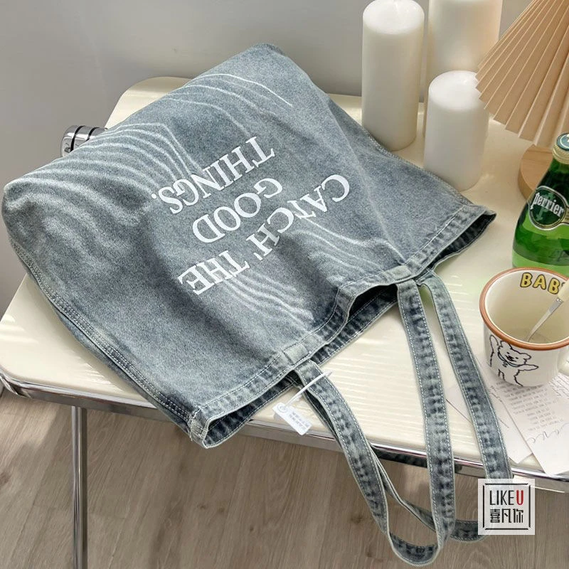 原创章若楠同款欧美韩版文艺水洗牛仔包休闲百搭大容量单肩帆布包