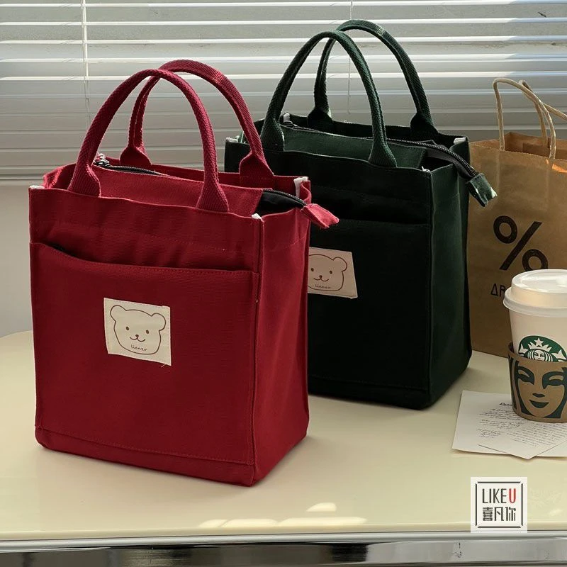 自制原创设计日式帆布袋简约纯色学生书包文艺帆布便当文件手提包