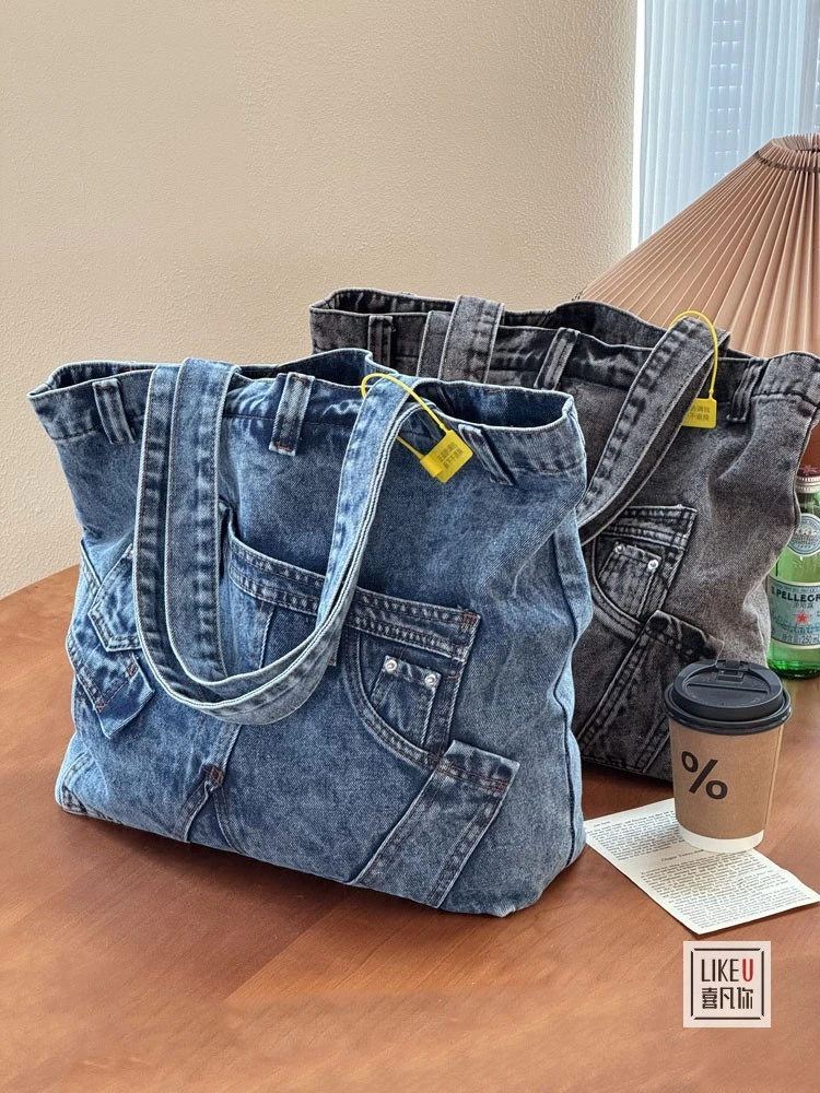 新款欧美时尚设计感复古重工水洗牛仔百搭通勤大容量单肩托特包袋