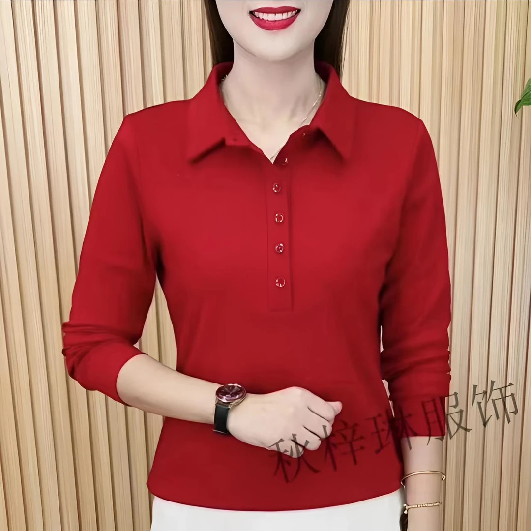 春季女士大码长袖翻领POLO衫休闲百搭减龄韩版气质洋气红色打底衫