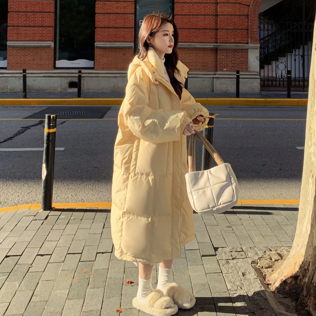 新潮羽绒服奶fufu淡黄色中长款棉服女冬季2024新款连帽加厚过膝小