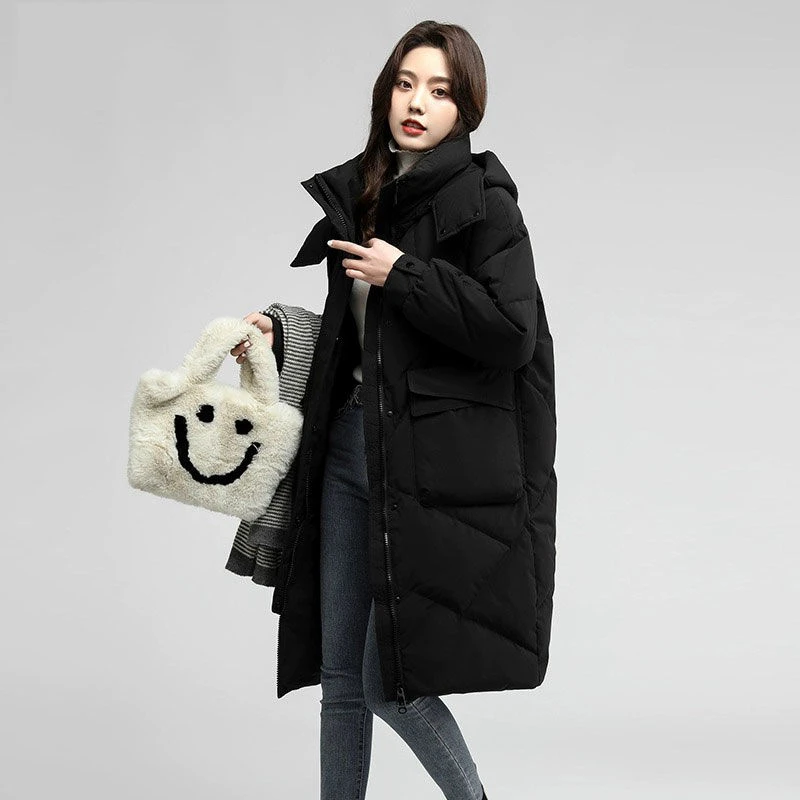 羽绒女冬季2023年新款中长款韩版过膝拆卸连帽加厚黑色外套