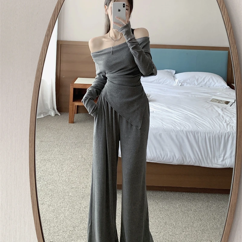 高级感气质套装修身显瘦一字肩上衣女春秋高腰阔腿裤长裤子两件套