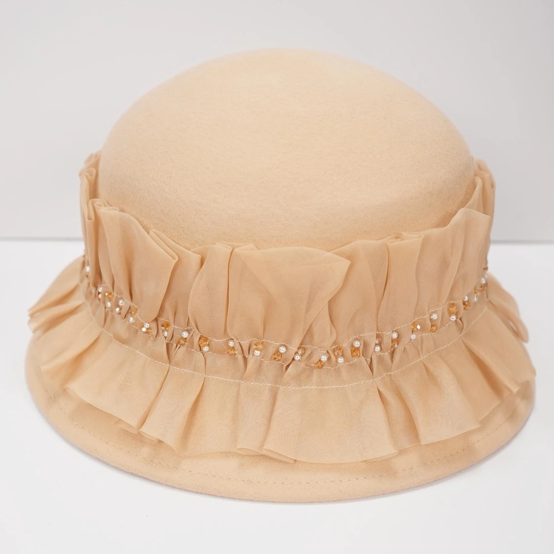 8053秋冬新款女士优雅礼帽盆帽桑蚕丝褶皱裙边显白显脸小高贵典雅