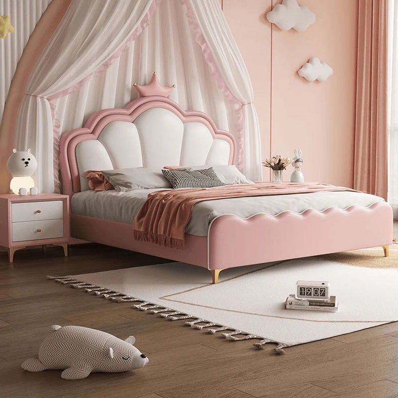 新儿童皇冠公主床青少年男孩女孩粉色床现代简约儿童房单人床储物