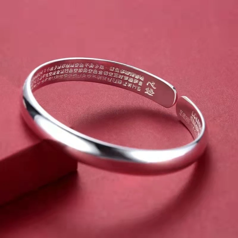 足银手镯 832亮面心经贵妃镯送妈妈礼物纯银手镯实心开口款贵气