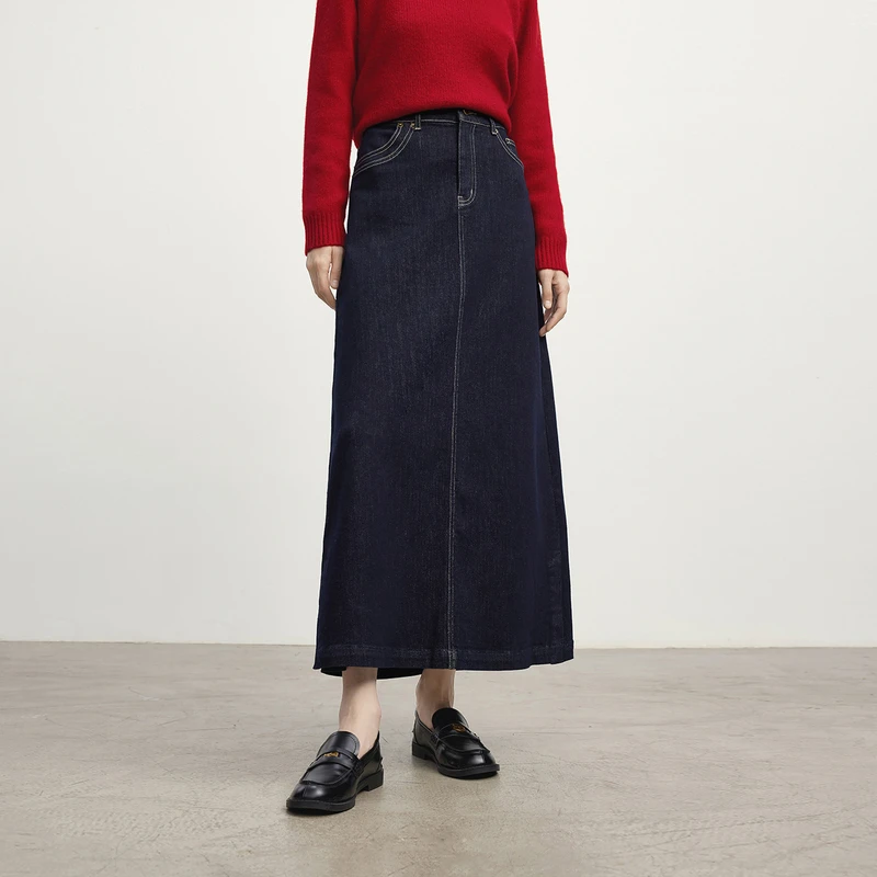 伊芙丽不易掉色弹力休闲百搭长款牛仔半身裙1F9942051