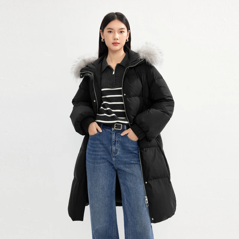 【衣衣专属】伊芙丽90白鸭绒保暖时尚连帽中长款羽绒服1EA980521