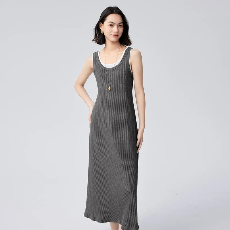 伊芙丽假两件压皱垂感休闲背心针织连衣裙1F6994891