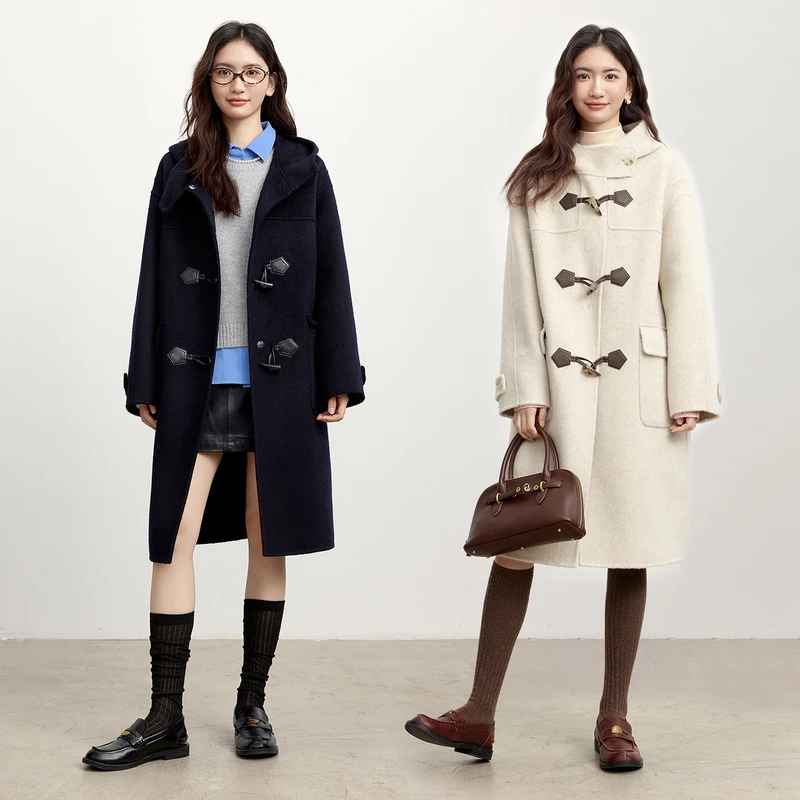 伊芙丽高智牛角扣斗篷双面呢大衣女2024秋冬1FA972061