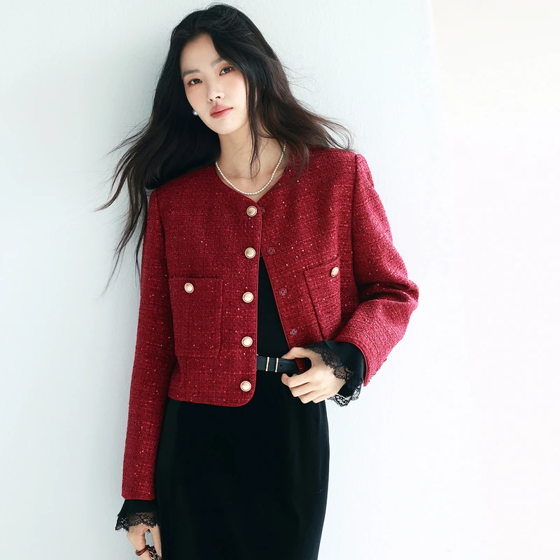 伊芙丽亮片小香风新年氛围高级感短外套女针织套装冬装1F1910821