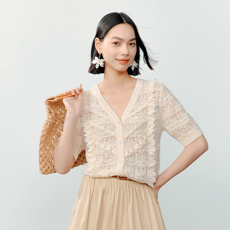3371【赵老板】伊芙丽V领时尚优雅针织开衫夏装蕾丝花边绝美上衣
