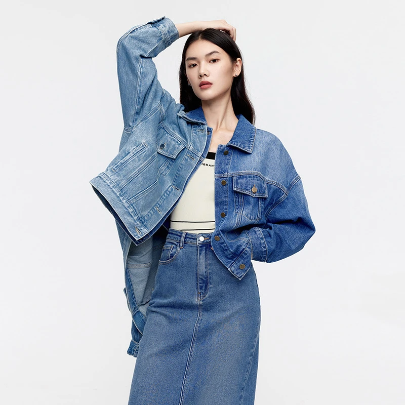 伊芙丽装经典水多色丹宁牛仔上衣女外套复古简约百搭1E7911531