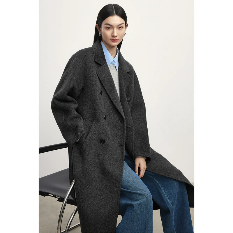 【明星同款】伊芙丽秋冬高智驼绒灰色双面呢羊毛大衣外套1E9971071