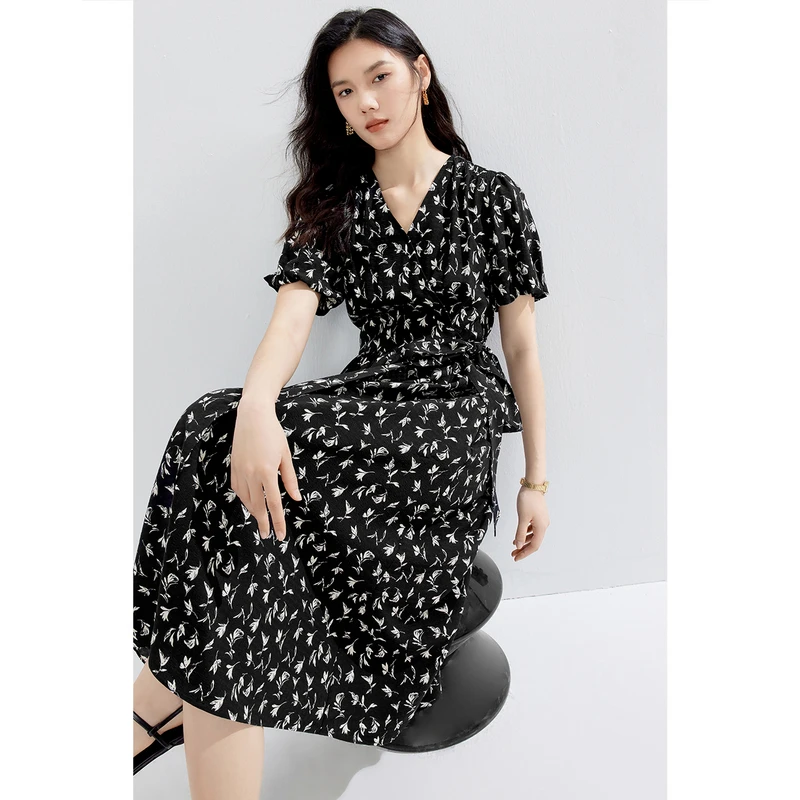 【衣衣专属】伊芙丽V领围裹式收腰显瘦连衣裙女气质碎花裙1F5991251