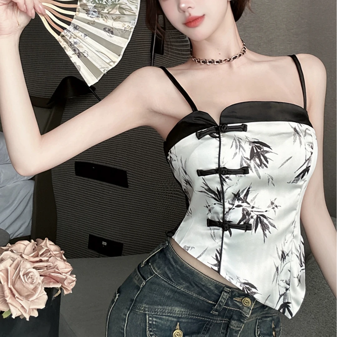 新中式国风清冷感不规则水墨画大码性感吊带美背修身绝美抹胸上衣