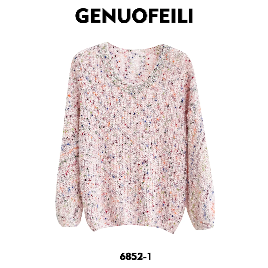 6852-1  时尚气质温柔针织衫碎花套头宽松长袖秋冬圆领百搭舒适
