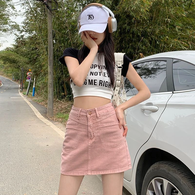 粉色牛仔短裙女夏季薄款2025年新款a字裤裙包臀裙设计感半身裙子