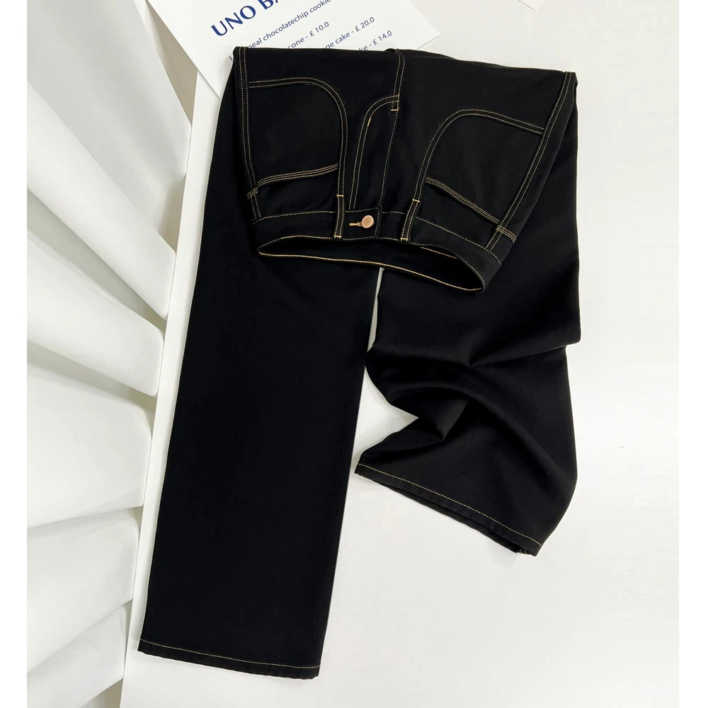 雅丹风黑金原色牛仔裤女2025早春新款拖地裤中高腰弹力窄版阔腿裤