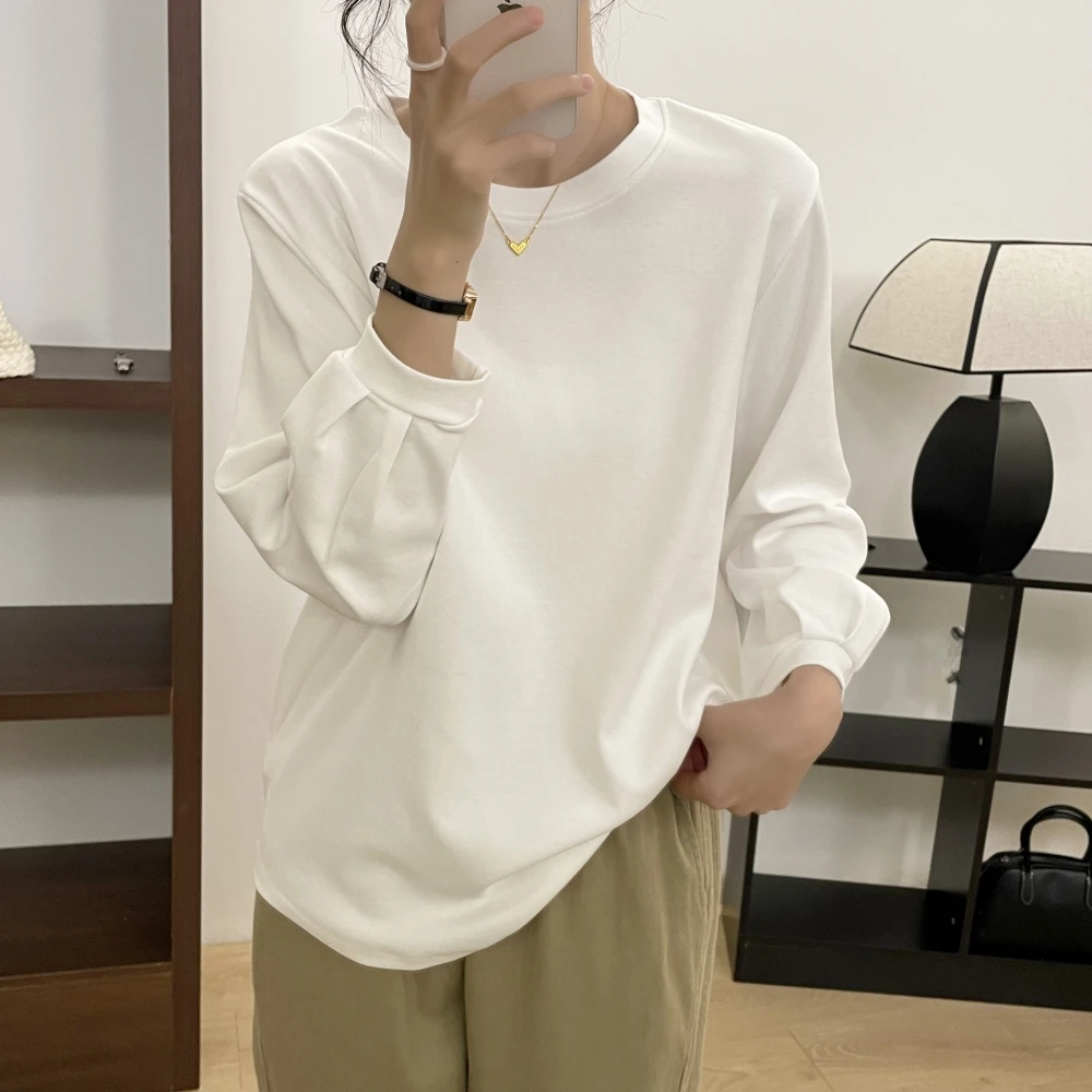 「40支双纱棉 灯笼袖t恤」春秋韩版百搭宽松显瘦纯色九分袖打底上衣