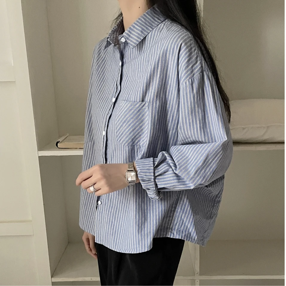 「100%纯棉 成衣水洗」设计感条纹衬衫 春秋韩版宽松显瘦衬衣女S002