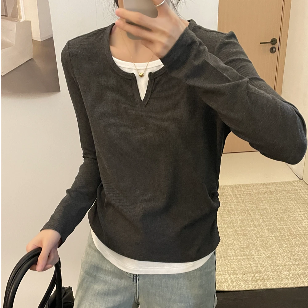 「小蛮腰 剪刀领」优可丝棉真两件拼接长袖T恤春秋韩版百搭收腰T075